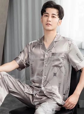 翻领睡衣男士春秋季冰丝绸短袖薄款优质丝绸夏天空调房家居服套装