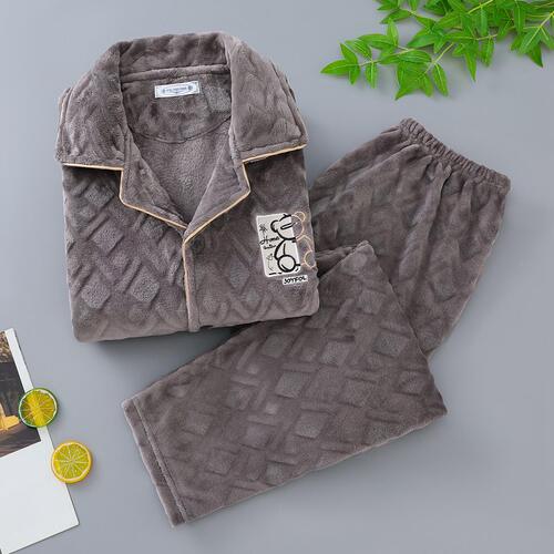 揭阳睡衣男士翻领肥胖东方珊瑚绒秋冬季加厚宽松法来绒家居服套装