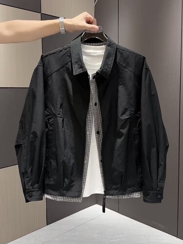 男士春季2026新款韩版休闲夹克潮流格子假两件翻领百搭夹克外套男