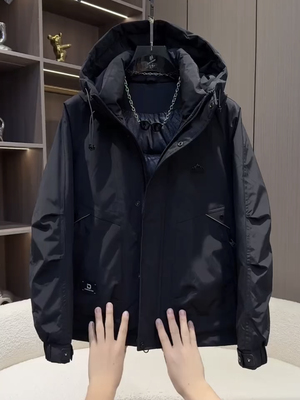 工装连帽羽绒服男2025冬季新款美式简约青年户外保暖纯色鸭绒外套