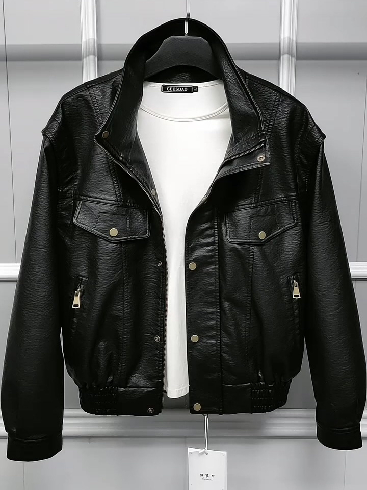 短款皮夹克新款男士立领机车风软皮衣痞帅气质宽松PU皮夹克外套男