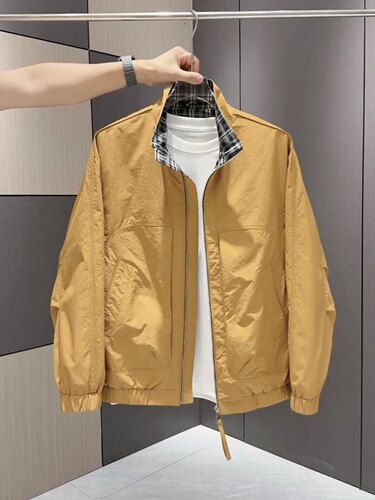 休闲风立领夹克男2026春季新款潮流工装上衣拼接格子外套青年男装