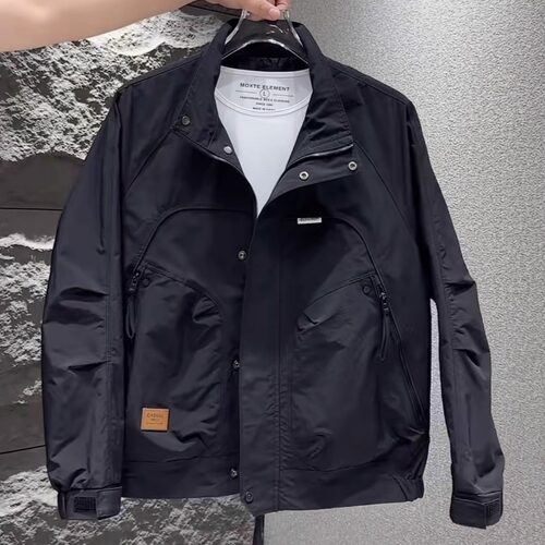 2025春秋新款潮牌工装立领夹克男宽松休闲百搭冲锋衣外套上衣纯色