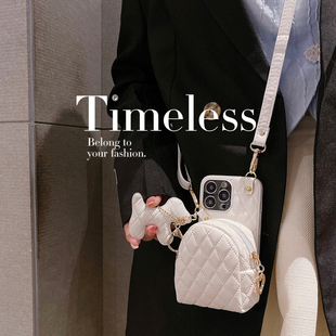 菱格小香风斜挎包适用苹果16promax手机壳iPhone15创意口红零钱包防摔软壳14promax挂脖皮质保护套15pro挂绳