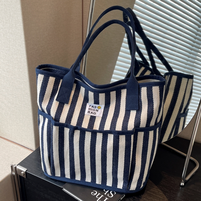 时尚条纹帆布手提袋大容量通勤包