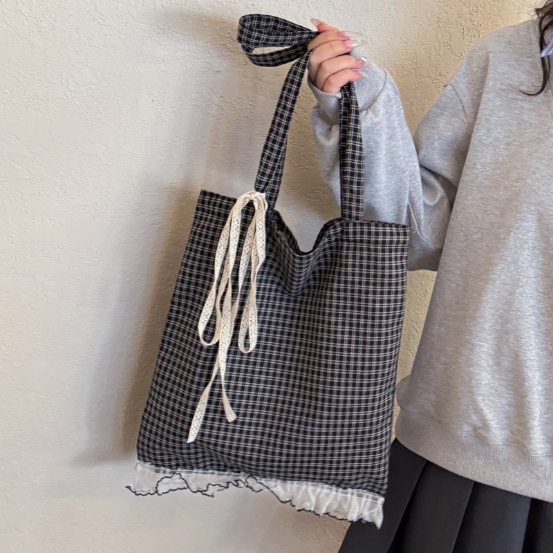 春夏格子帆布包包女日韩系学生上课手提书袋大容量通勤单肩托特包