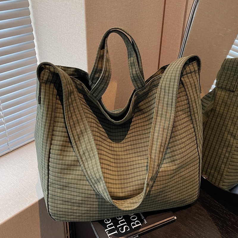 慵懒风格纹帆布包包女秋冬大容量通勤手提袋松弛感单肩斜挎托特包