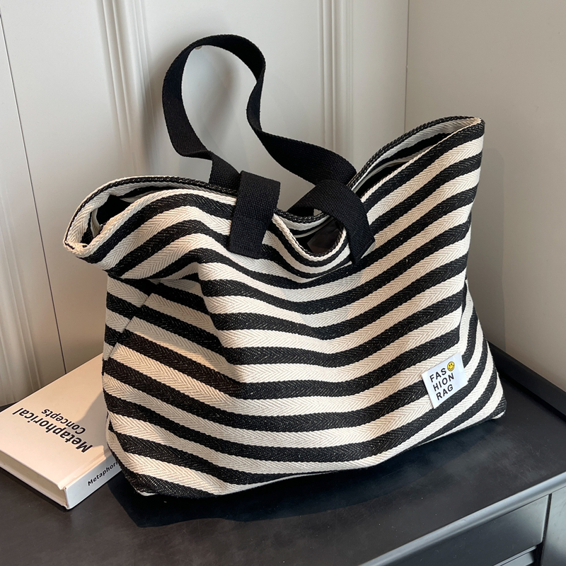 爆款条纹帆布托特包学生通勤大包