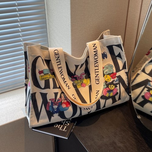 字母卡通帆布手提袋上课通勤托特