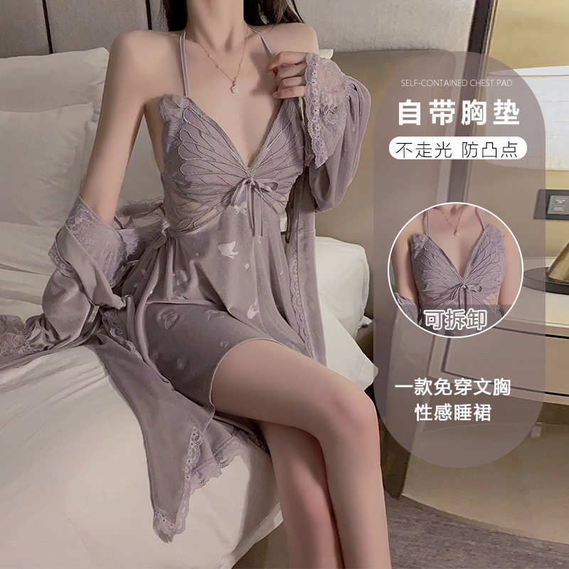 瑰若秋冬纯欲风蝴蝶睡衣加胸垫丝睡袍/浴袍
