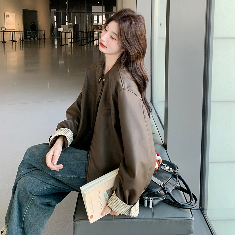 数据好袖子条纹拼接皮衣外套8601P145控218,女装皮衣,2C182