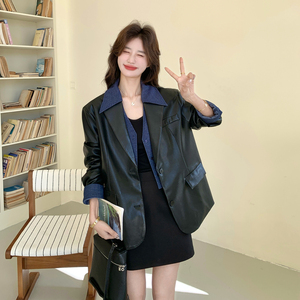 大货 数据好 春款新款 假两件拼接牛仔皮衣外套8611P185控298图片