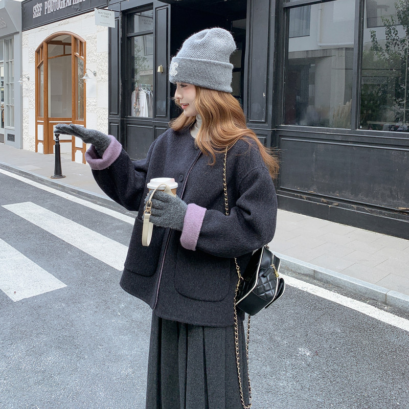 冬款双面羊绒拼色韩系外套保暖8113P245控368，女装短外套，2C182