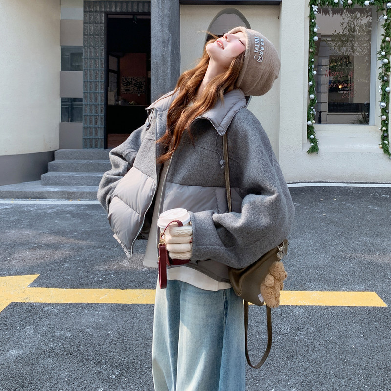灰色设计款毛呢拼接保暖羽绒服女2025冬季新款优雅范90白鸭绒外套图片