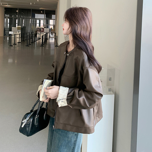 数据好 袖子条纹拼接皮衣外套8601P145控218图片
