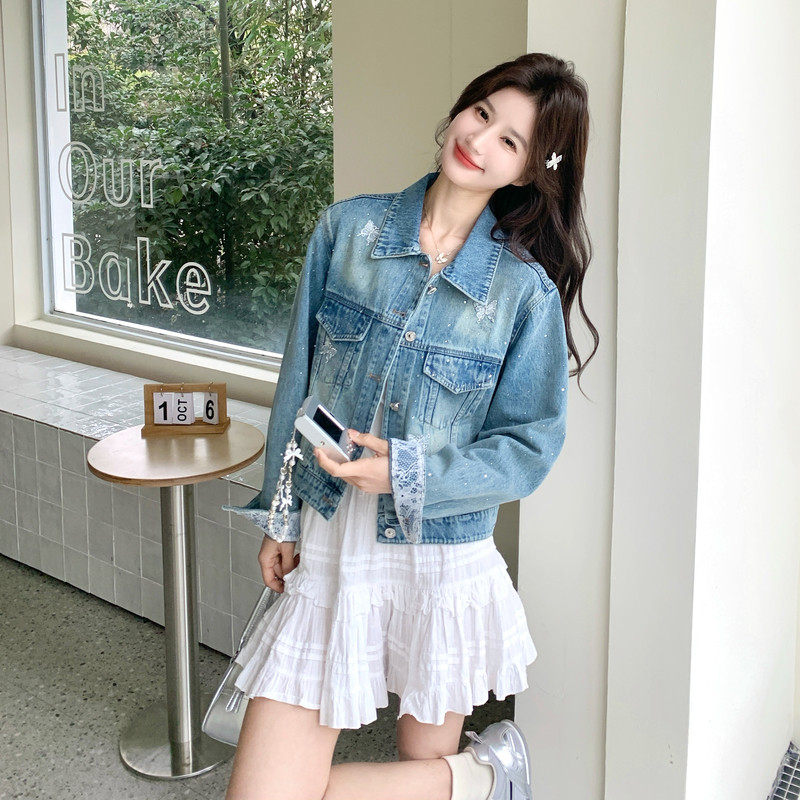新款春款数据好蝴蝶结拼接蕾丝亮钻牛仔外套5816P185控298,女装短外套,2C182