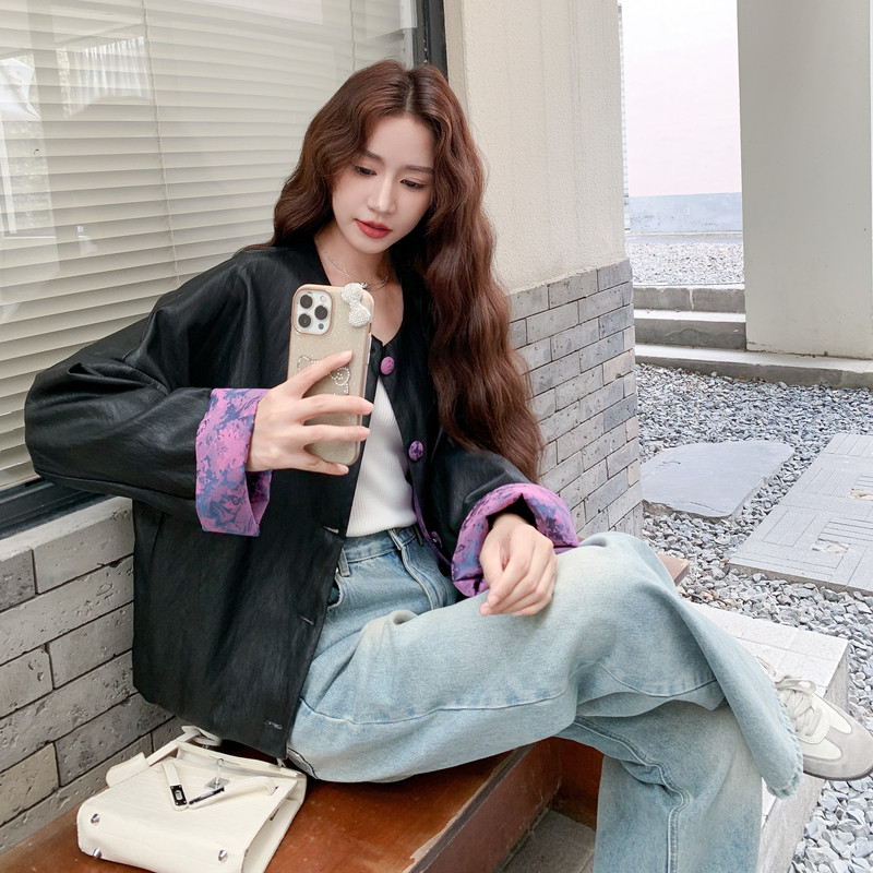 数据好新中式拼接皮衣3305P145控218,女装短外套,2C182