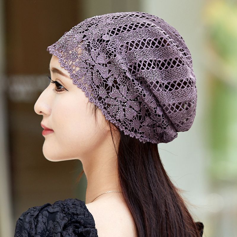 头巾帽女士单层镂空堆堆帽夏季洋气水钻花朵包头帽时尚蕾丝套头帽