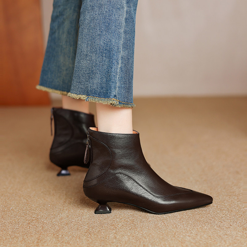 秋冬季法式复古经典百搭羊皮3cm优雅低跟细跟尖头真皮短靴,女鞋,时装靴,淘宝优惠券,粉丝福利购,淘宝优惠卷