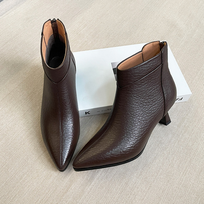 秋冬简约百搭真皮羊皮5cm短靴软底软面尖头高跟显瘦短靴