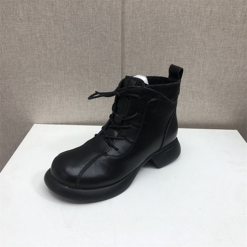 冬季加绒真皮低跟保暖女马丁靴