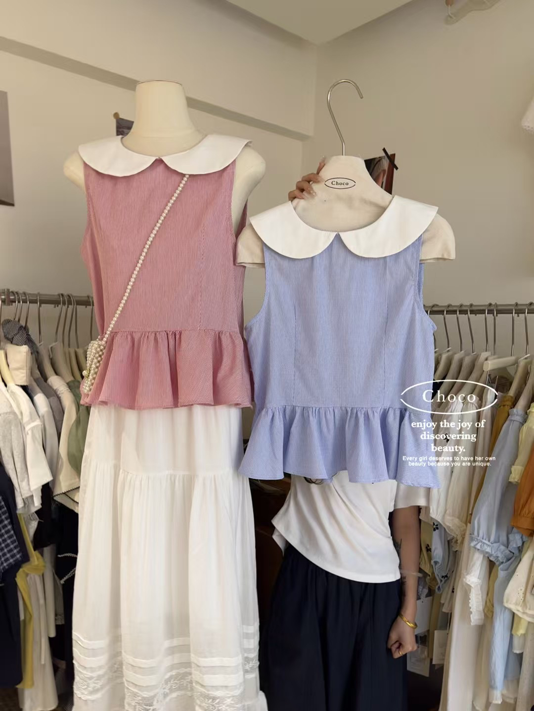 蓝色娃娃领条纹衬衫女2025夏季新款荷叶边娃娃衫裙摆小上衣潮衬衣