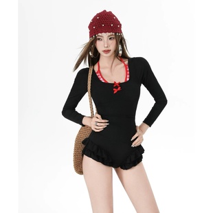 温泉度假泳装 2025新款 高级感连体衣时尚 长袖 显瘦黑色 游泳衣女款