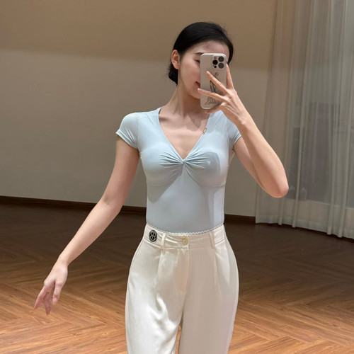 Min舞服Loyal扭结V领短袖连体上衣体操服拉丁练功服女成人夏季