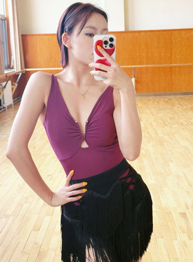Alei舞服金属V领紫色上衣吊带连体衣春夏新款练功服女成人遮副乳