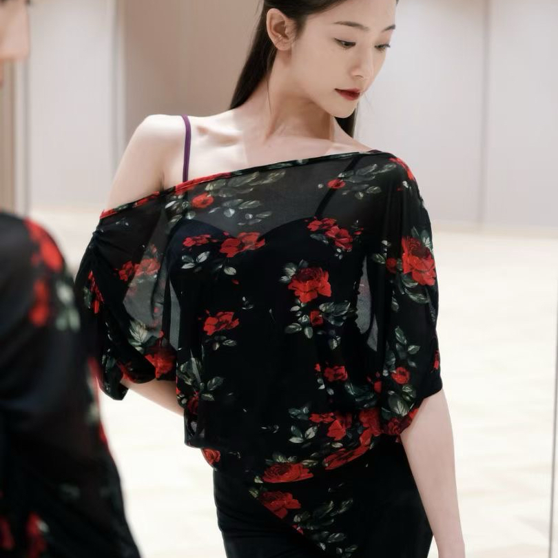 Loyal舞服玫瑰罩衫斜肩不规则下摆上衣夏季教师拉丁国标
