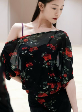 Loyal舞服玫瑰罩衫斜肩不规则下摆上衣夏季教师拉丁国标