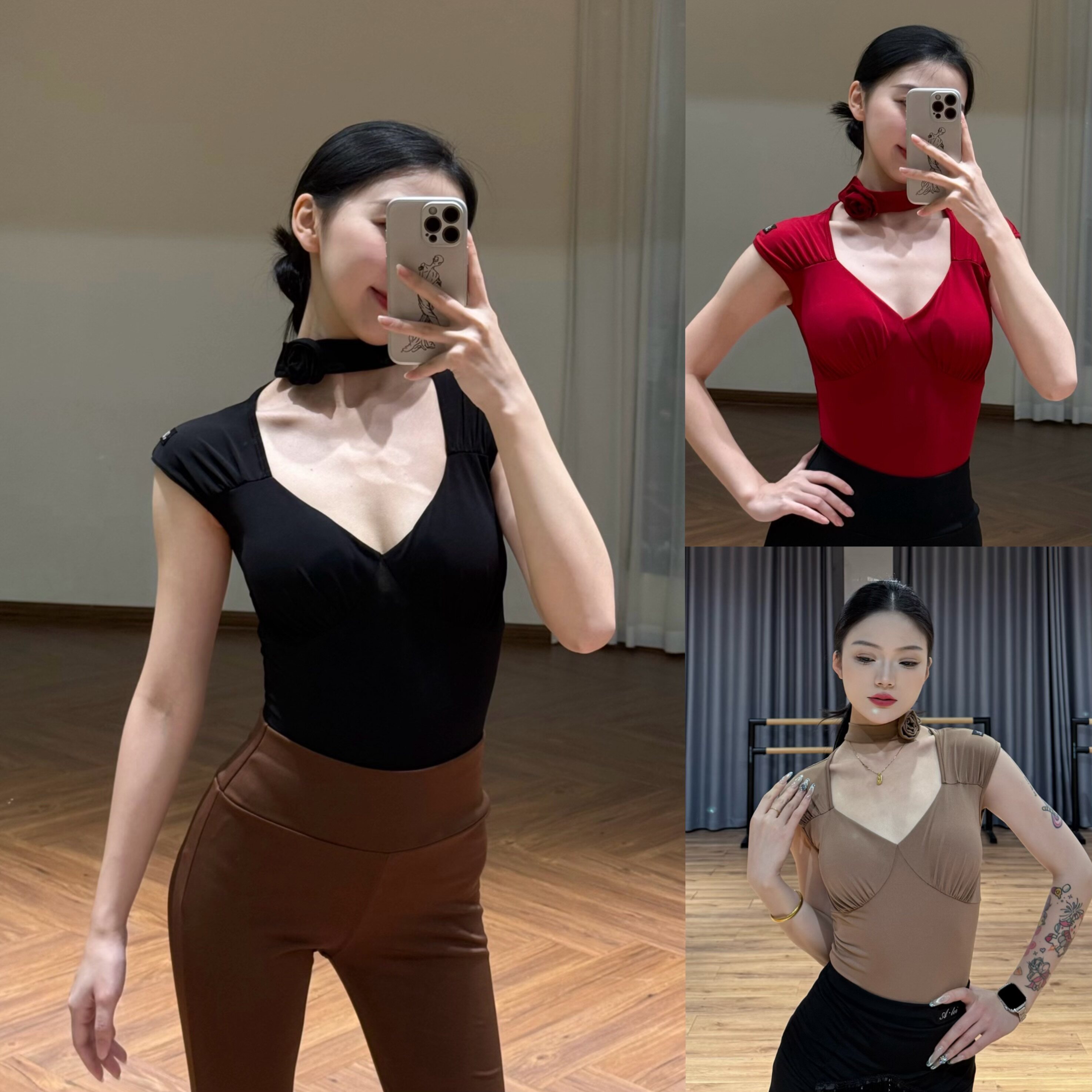 Min舞服Alei方领花朵连体上衣短袖练功服拉丁摩登国标舞服女成人
