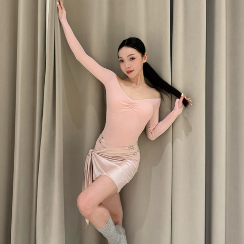 Alei舞服一字肩螺纹长袖上衣秋冬拉丁练功服女士成人新款