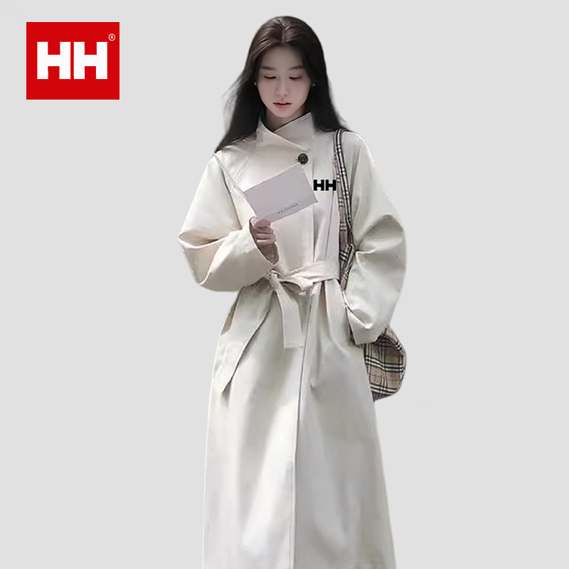 正品HH白色风衣外套女2024春秋韩系立领气质超好看大衣中长款