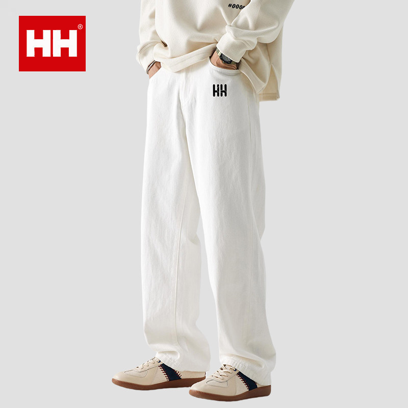 正品HH白色牛仔裤男女宽松直筒阔腿垂感潮流休闲百搭春秋裤子
