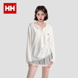 薄款 官方正品 上衣女秋季 防晒罩衫 内搭正肩t恤卫衣 HH连帽蕾丝长袖