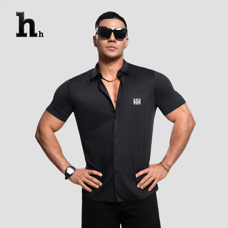 正品HH夏季显肌肉男衬衣衬衫短袖运动健身衣服修身商务免烫