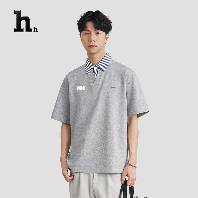 正品HH韩系拼接假两件翻领短袖T恤男士夏季宽松小V领polo衫