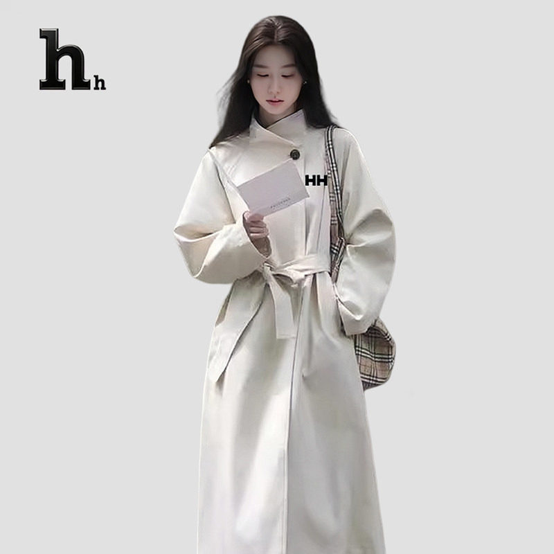 正品HH白色风衣外套女2024春秋韩系立领气质超好看大衣中长款