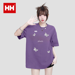 官方正品HH紫色蝴蝶短袖t恤女2025春夏宽松慵懒风多巴胺圆领上衣