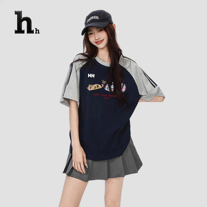 正品HH藏蓝色正肩短袖t恤女夏韩系慵懒插肩圆领宽松半袖上衣