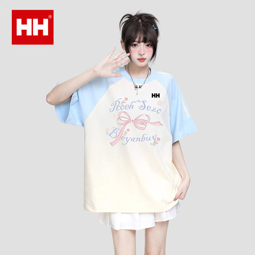 正品HH奶蓝色蝴蝶结短袖t恤女夏宽松美式插肩袖圆领半袖上衣