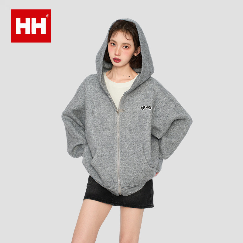 正品HH连帽针织毛衣外套女秋冬加厚软糯慵懒风中长款开衫卫衣