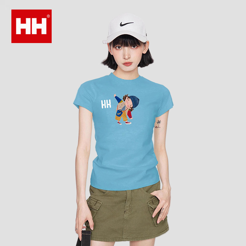 正品HH女士美式蓝色印花正肩短袖t恤夏正品紧身修身显瘦上衣