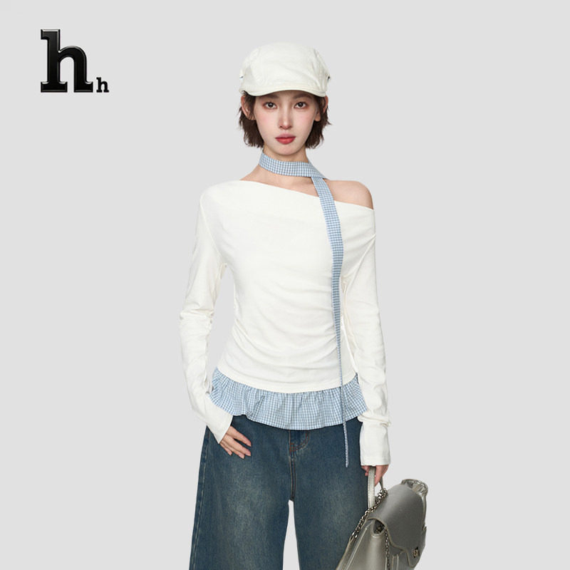 官方正品HH斜肩露肩长袖t恤女秋季修身打底不规则假两件挂脖上衣