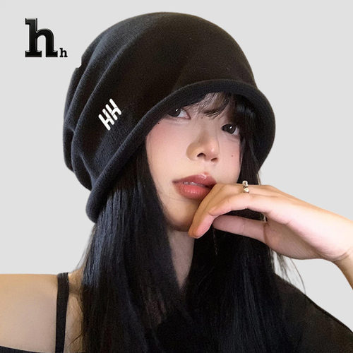 正品HH明星同款帽子女秋冬季大头围卷边堆堆帽显脸小包头冷帽