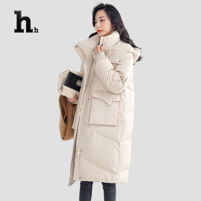 正品HH撞色拼接羽绒服女士长款过膝新款冬季高端气质加厚外套
