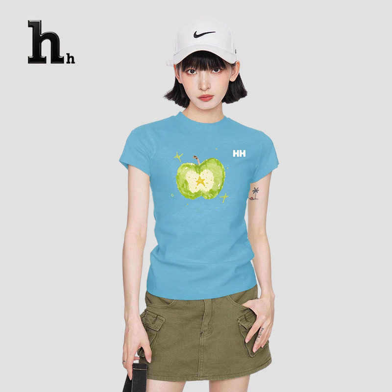 正品HH美式苹果印花正肩短袖t恤女夏季修身显瘦短款上衣