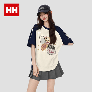 上衣 官方正品 HH纯棉短袖 t恤女夏季 慵懒风三条杠拼接撞色圆领半袖