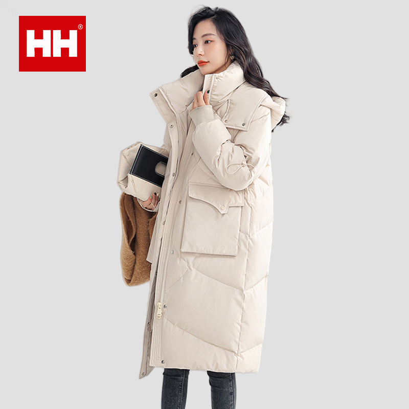 官方正品HH撞色拼接羽绒服女士长款过膝新款冬季高端气质加厚外套